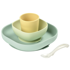 Набір: тарілка, миска, стакан, ложка Beaba 4+ жовтий/зелений