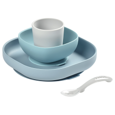 Набір: тарілка, миска, стакан, ложка Beaba 4+ блакитний/сірий